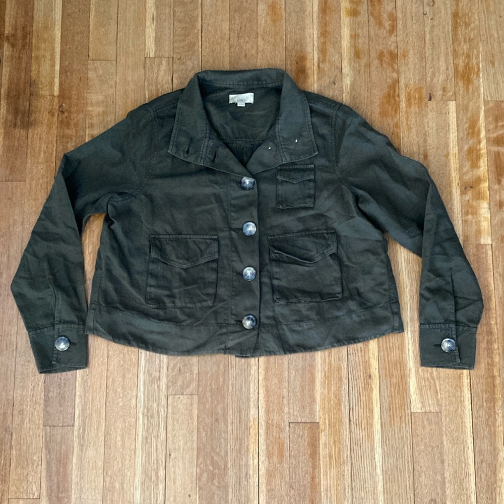 Loft Women's Button Front Utility Jacket Size M Pockets Army Green Cotton Linen